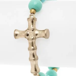 Bamboo Style Cross Charm Wooden Bracelet