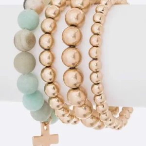 Layered Beads Cross Charm Bracelet Set