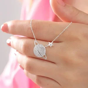 925 Sterling Silver Saturn Planet Necklace with White Zircon Stone