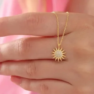 925 Sterling Silver Gold Plated Sun Pendant Necklace with White Zircon Stone