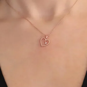 925 Sterling Silver Rose Gold Plated Heart Solitaire Necklace with White Zircon Stone