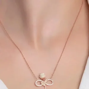 925 Sterling Silver Rose Gold Plated White Rose Infinity Necklace with Zircon Stone