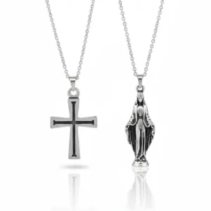 2 Piece Cross and Virgin Mary Necklace Set Men Religious Style Jewelry