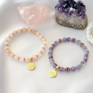 "Peace & Love" Rose Quartz - Amethyst Elastic Bracelet | 24K Lotus Flower Charm