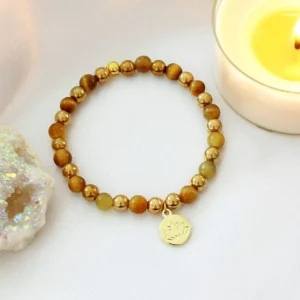 Tiger's Eye Stone Elastic Bracelet | 24K Lotus Flower