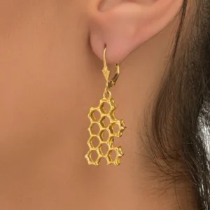 Honeycomb Earrings: Gold Plated Brass Jewelry (Nature Inspired, Handmade Bee Motif)