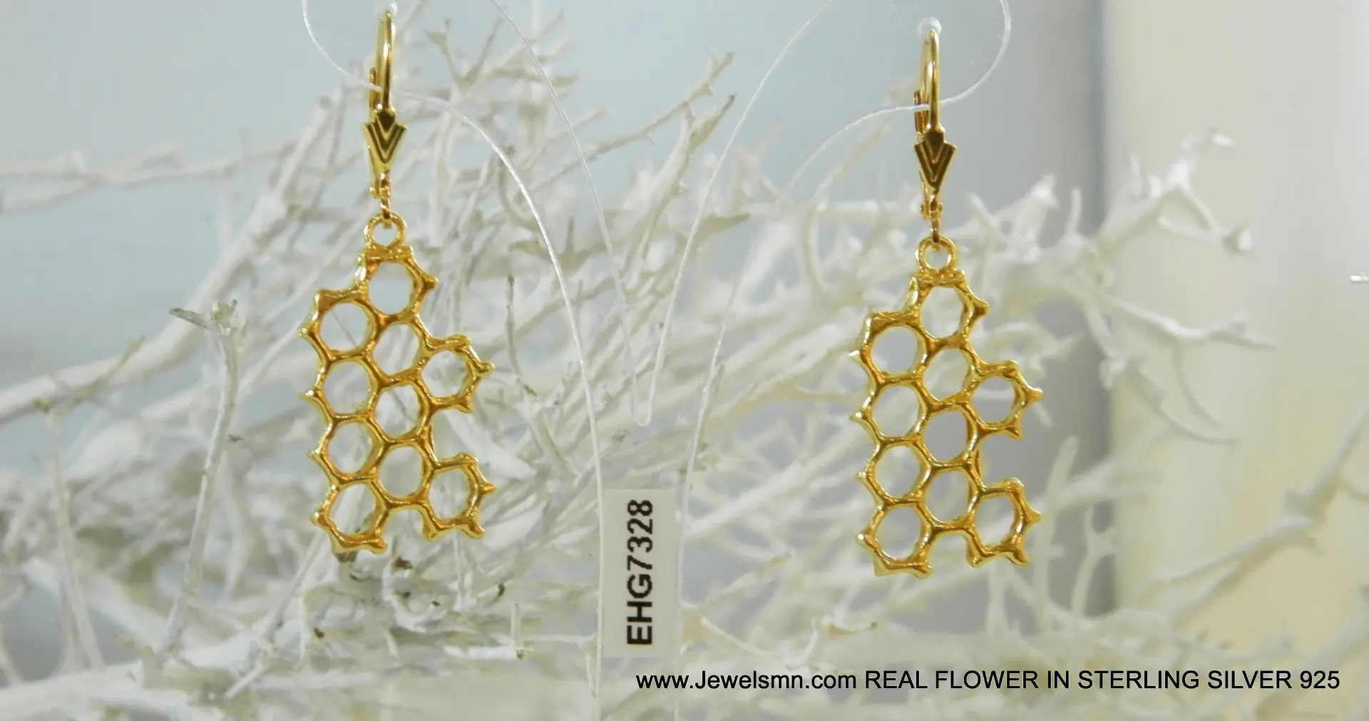 Honeycomb Earrings: Gold Plated Brass Jewelry (Nature Inspired, Handmade Bee Motif) - Image 5