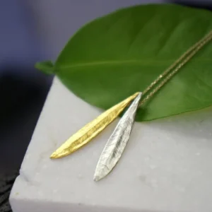 Olive Leaf Pendant Necklace - Sterling Silver with 14K Gold Accent
