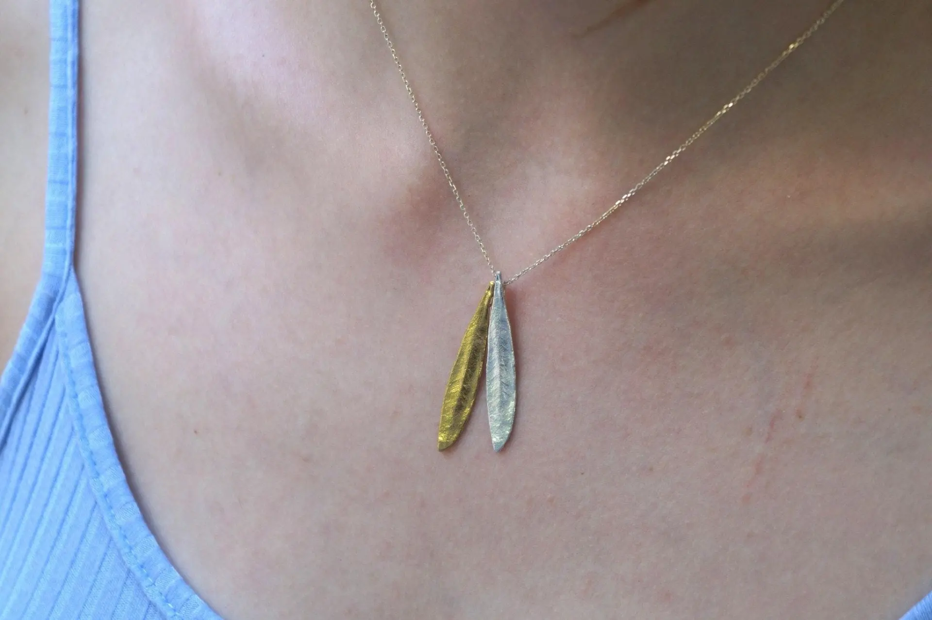 Olive Leaf Pendant Necklace - Sterling Silver with 14K Gold Accent - Image 2