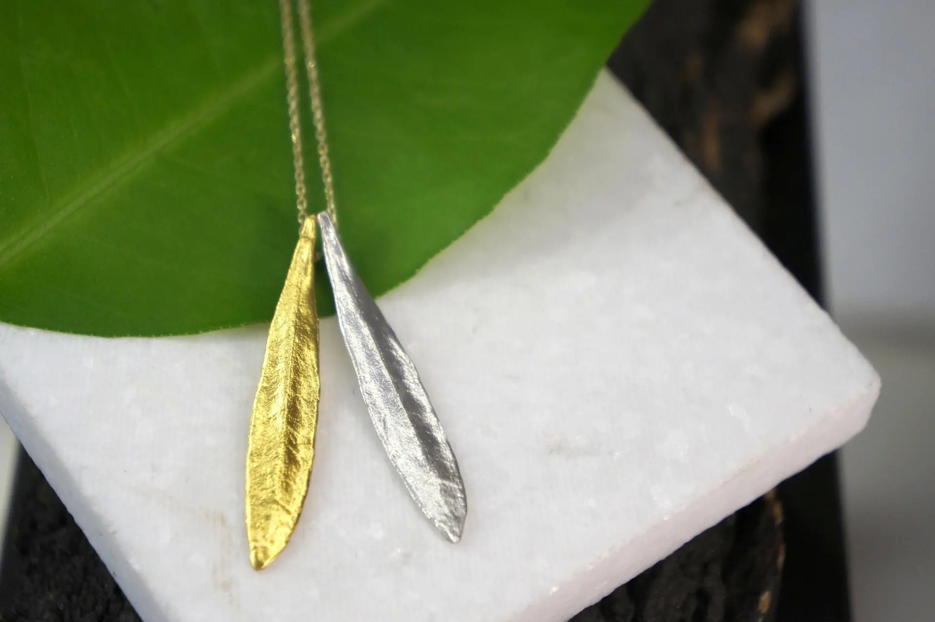 Olive Leaf Pendant Necklace - Sterling Silver with 14K Gold Accent - Image 3