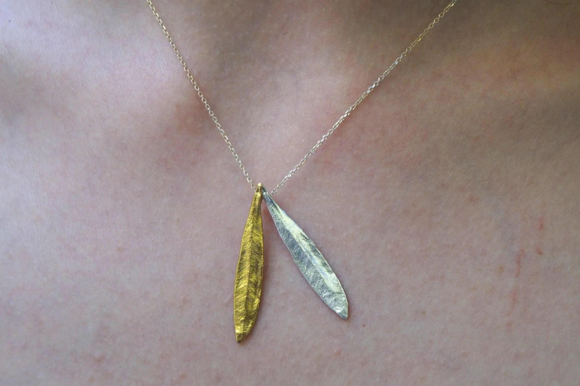 Olive Leaf Pendant Necklace - Sterling Silver with 14K Gold Accent - Image 4