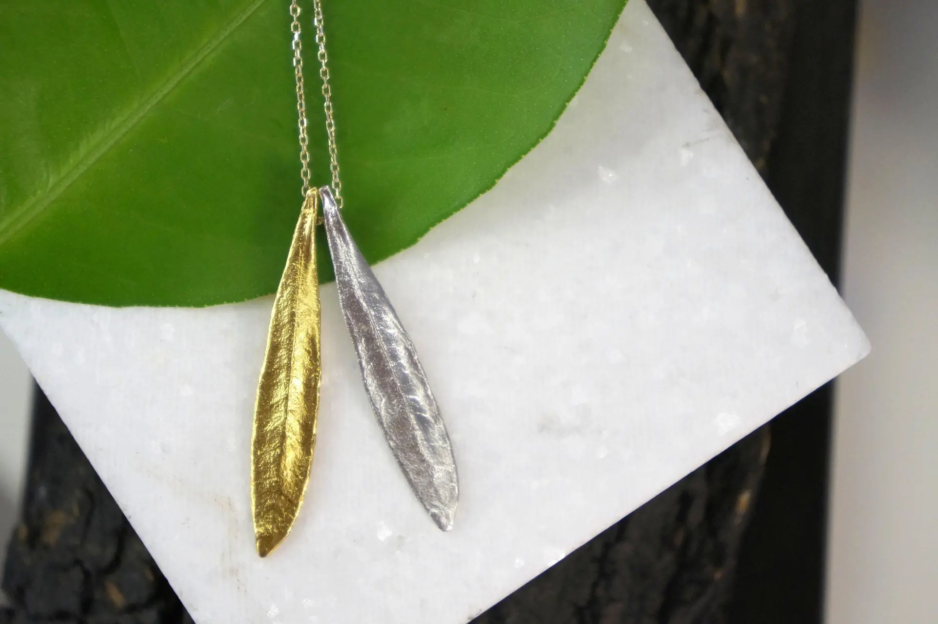 Olive Leaf Pendant Necklace - Sterling Silver with 14K Gold Accent - Image 5