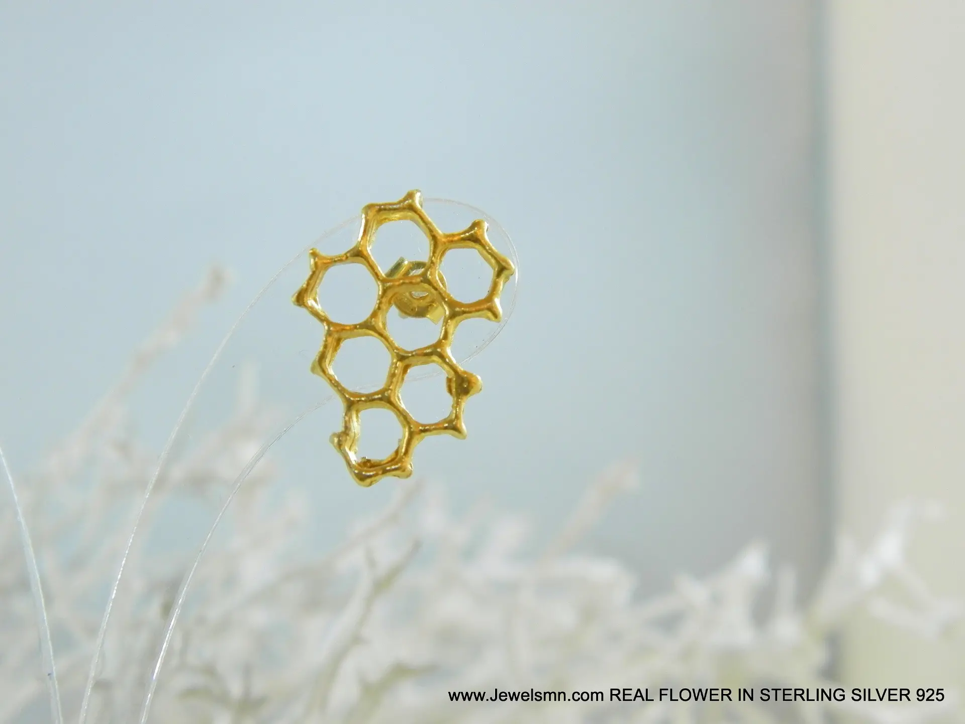 Honeycomb Bee Earrings, Gold Plated Sterling Silver (Lightweight Studs) - Image 5