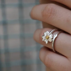 Silver Flower Ring, Sterling Silver Chamomile Ring, Branch Ring, Gold Ring Details, Gift for Her, Birthday Gift for Women, Handmade Jewelry