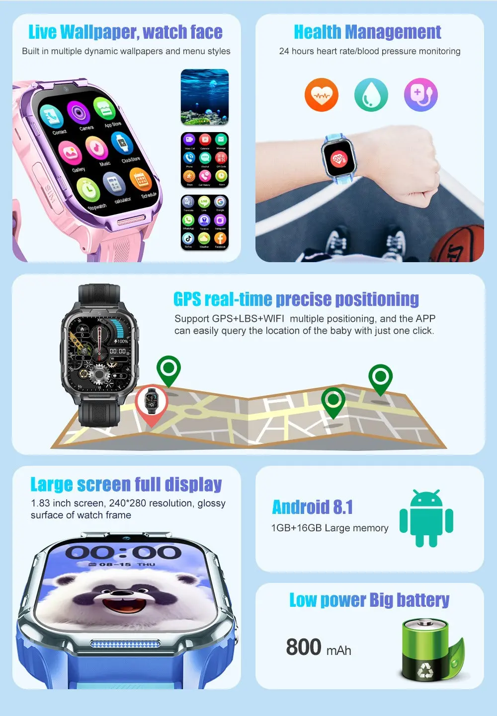 D55 Kids Smartwatch Android with GPS Tracker SIM Card Child Smart Watch for Calling, Location Tracking Safety Monitoring Smartwatch for Boys and Girls - Image 10