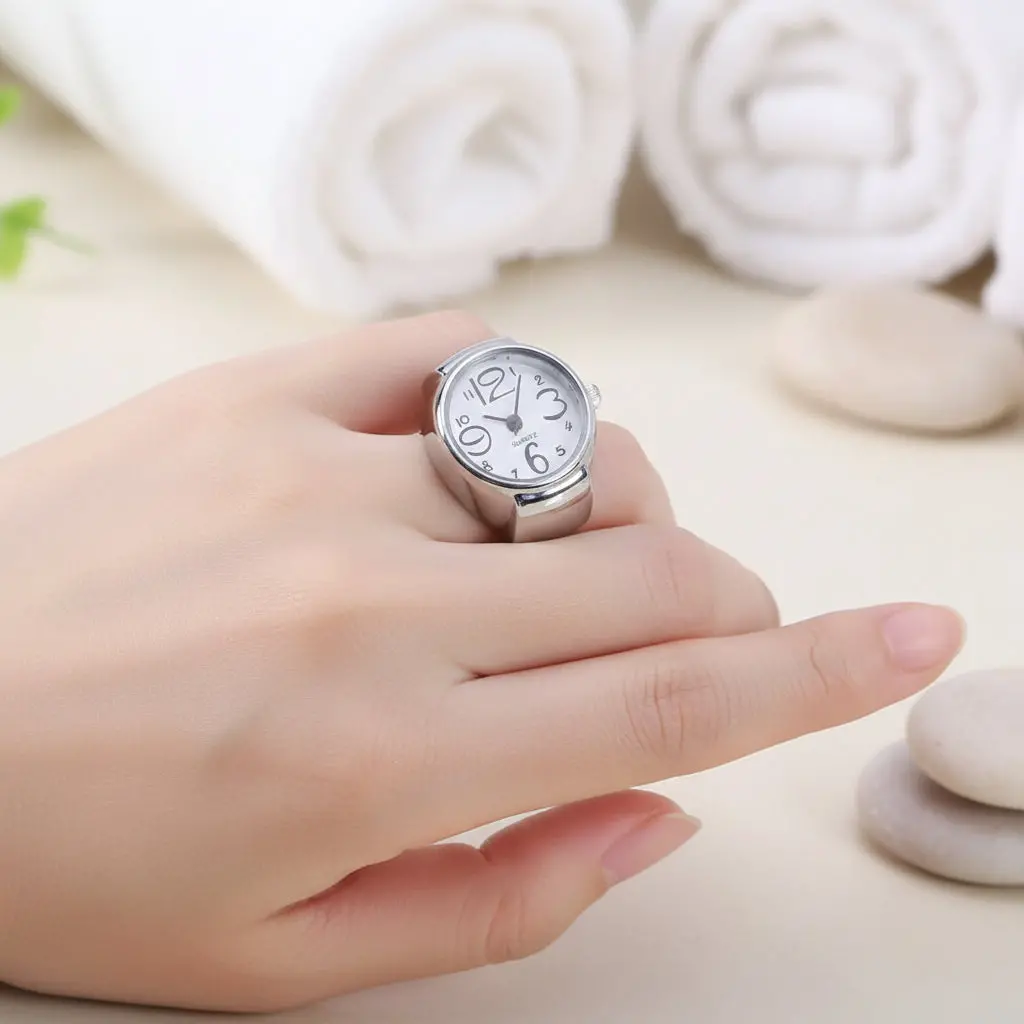 Silver Tone Stretch Ring Watch White Round Dial