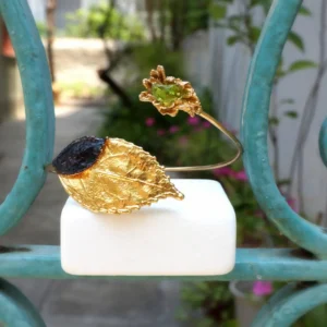 Gold Leaf Cuff Bracelet - Real Flowers with Green Murano Stone