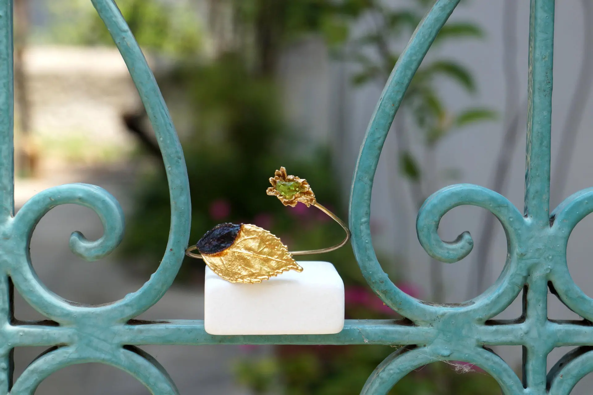 Gold Leaf Cuff Bracelet - Real Flowers with Green Murano Stone - Image 2