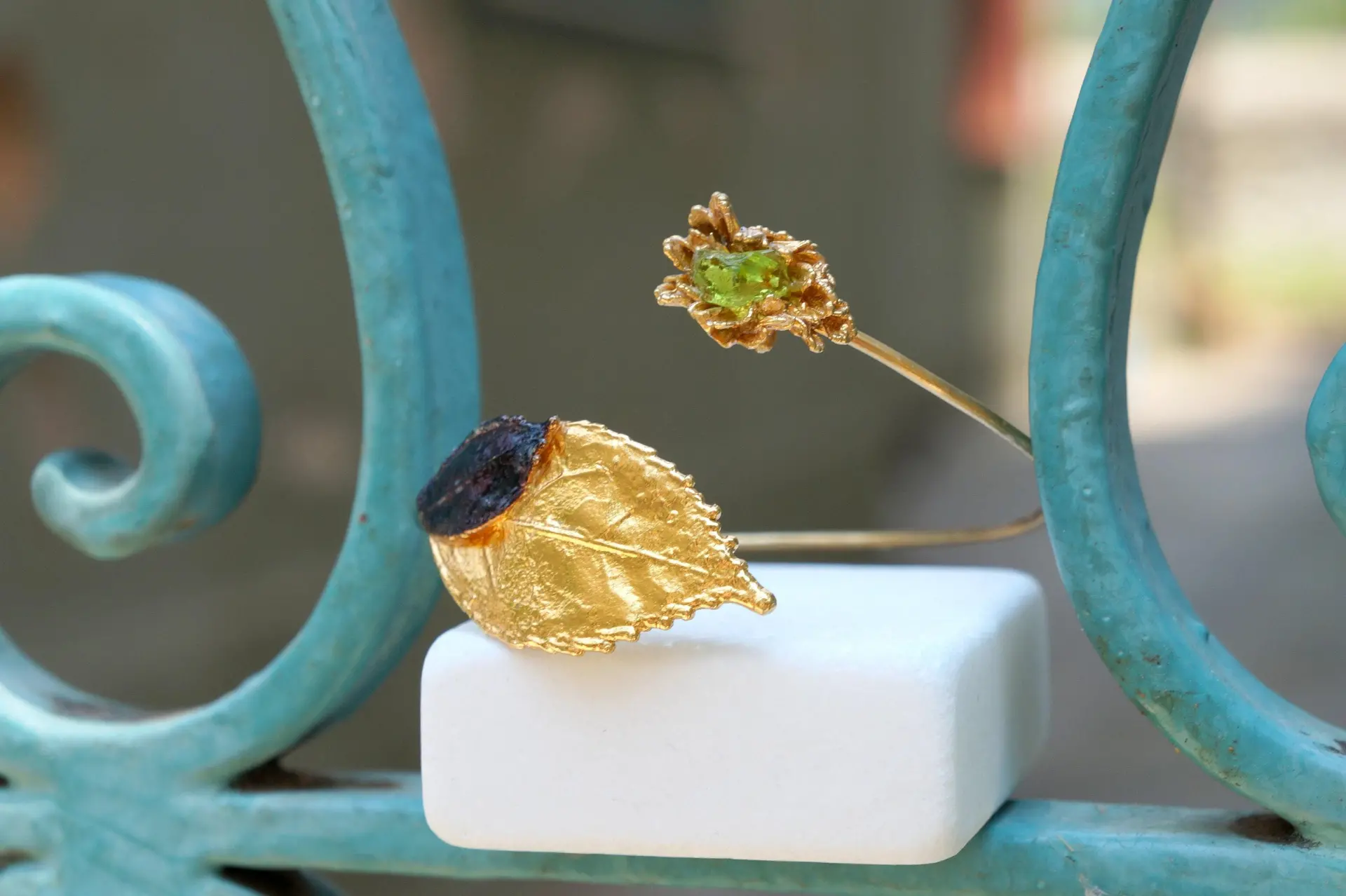Gold Leaf Cuff Bracelet - Real Flowers with Green Murano Stone - Image 4