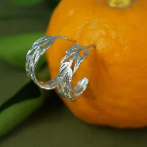 Gold Hoop Earrings with Real Acacia Leaves - Sterling Silver Detail
