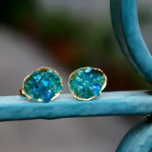 Turquoise Murano Glass Earrings, Silver Shell Studs (Handmade)