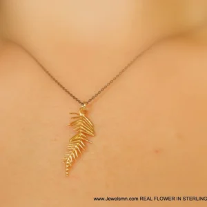 Acacia Leaf Necklace, Gold-Plated Silver Jewelry, Rhodium Chain, Nature-Inspired Gift for Women