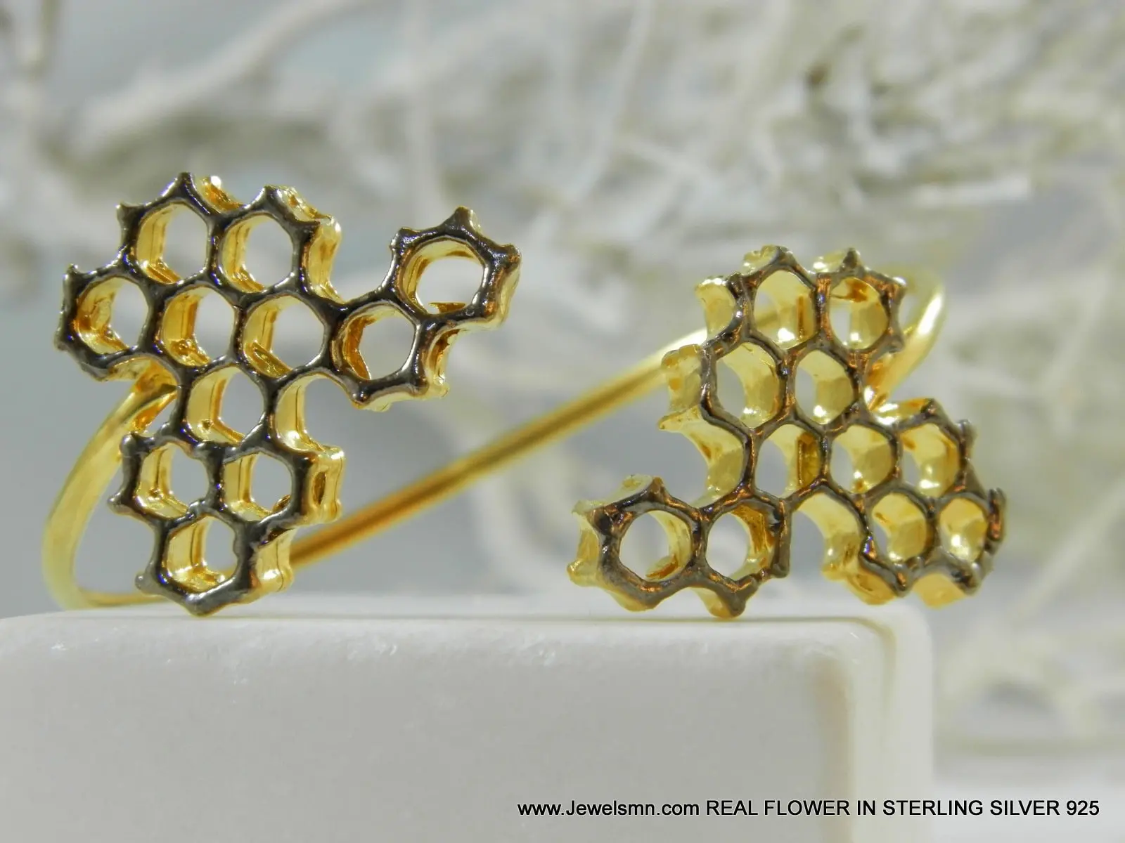 Honeycomb Bee Bracelet: Two-Tone Gold and Black Wide Cuff - Image 2