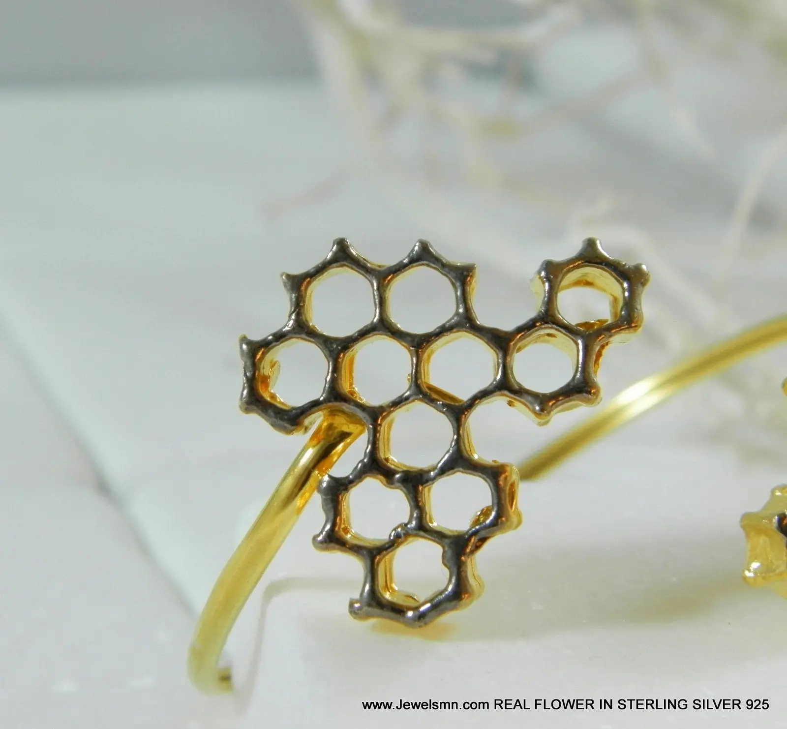 Honeycomb Bee Bracelet: Two-Tone Gold and Black Wide Cuff - Image 5