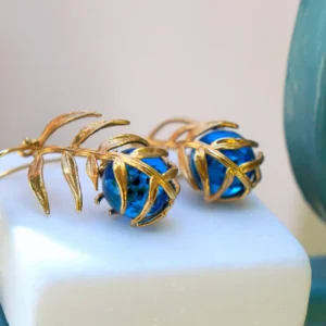 Araucaria Leaf Earrings, Gold-Plated Sterling Silver with Blue Murano Glass, Gift for Her, Birthday Gift for Women, Handmade Jewelry