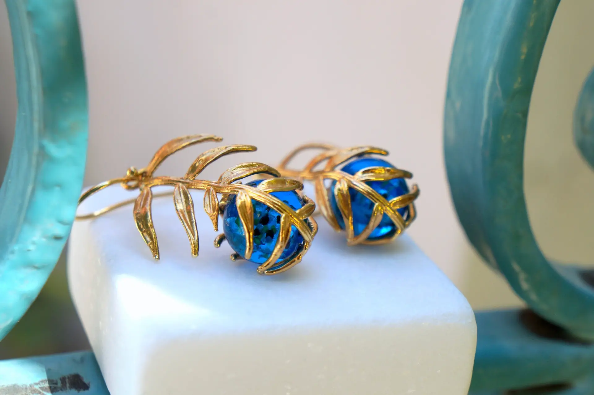 Araucaria Leaf Earrings, Gold-Plated Sterling Silver with Blue Murano Glass, Gift for Her, Birthday Gift for Women, Handmade Jewelry