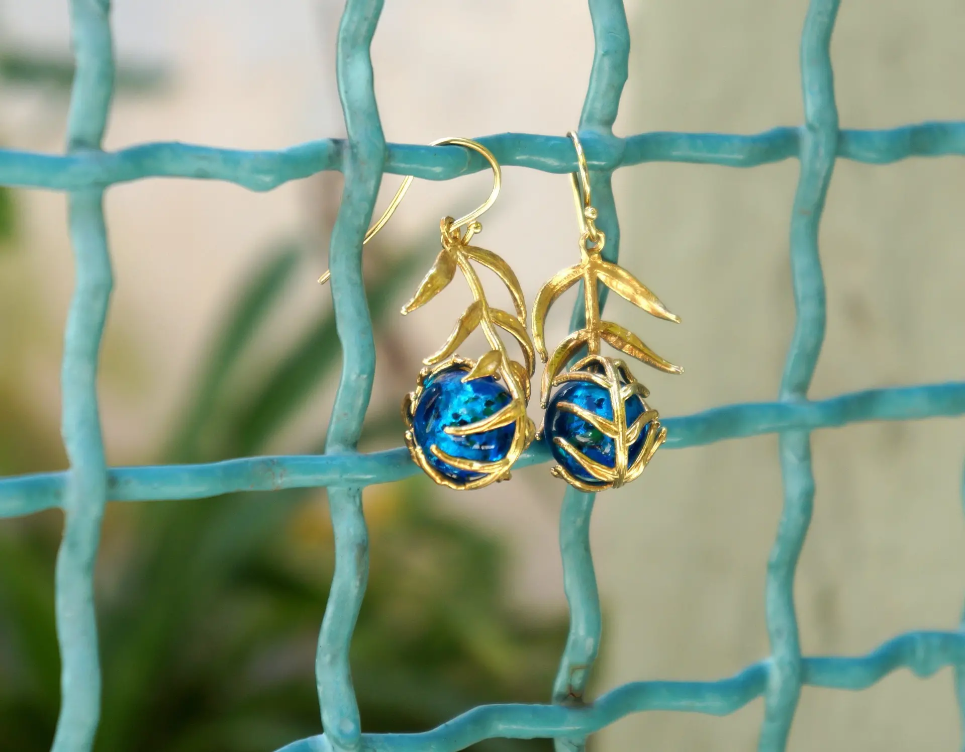 Araucaria Leaf Earrings, Gold-Plated Sterling Silver with Blue Murano Glass, Gift for Her, Birthday Gift for Women, Handmade Jewelry - Image 2