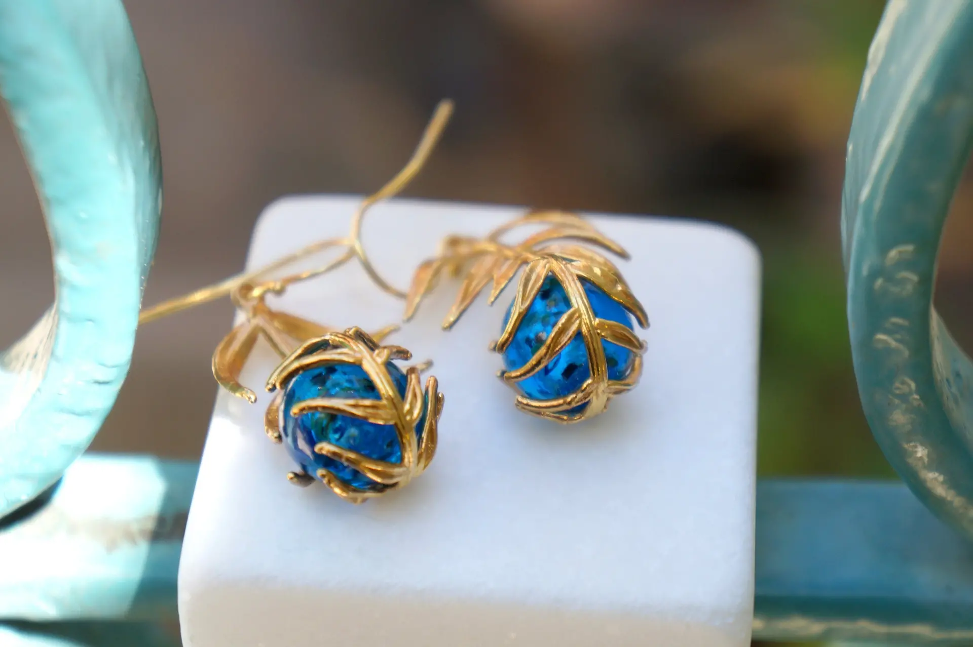 Araucaria Leaf Earrings, Gold-Plated Sterling Silver with Blue Murano Glass, Gift for Her, Birthday Gift for Women, Handmade Jewelry - Image 3