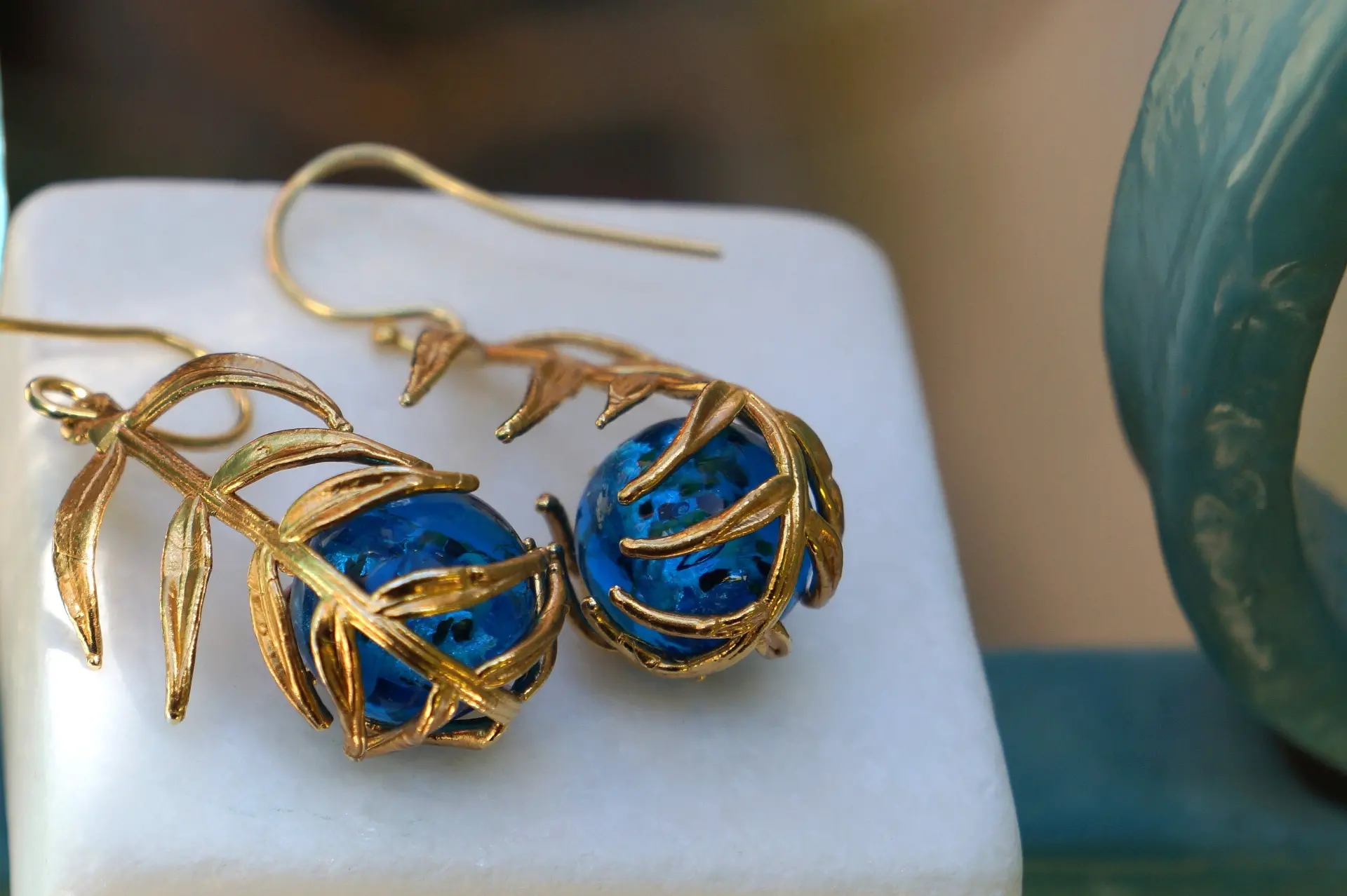 Araucaria Leaf Earrings, Gold-Plated Sterling Silver with Blue Murano Glass, Gift for Her, Birthday Gift for Women, Handmade Jewelry - Image 4