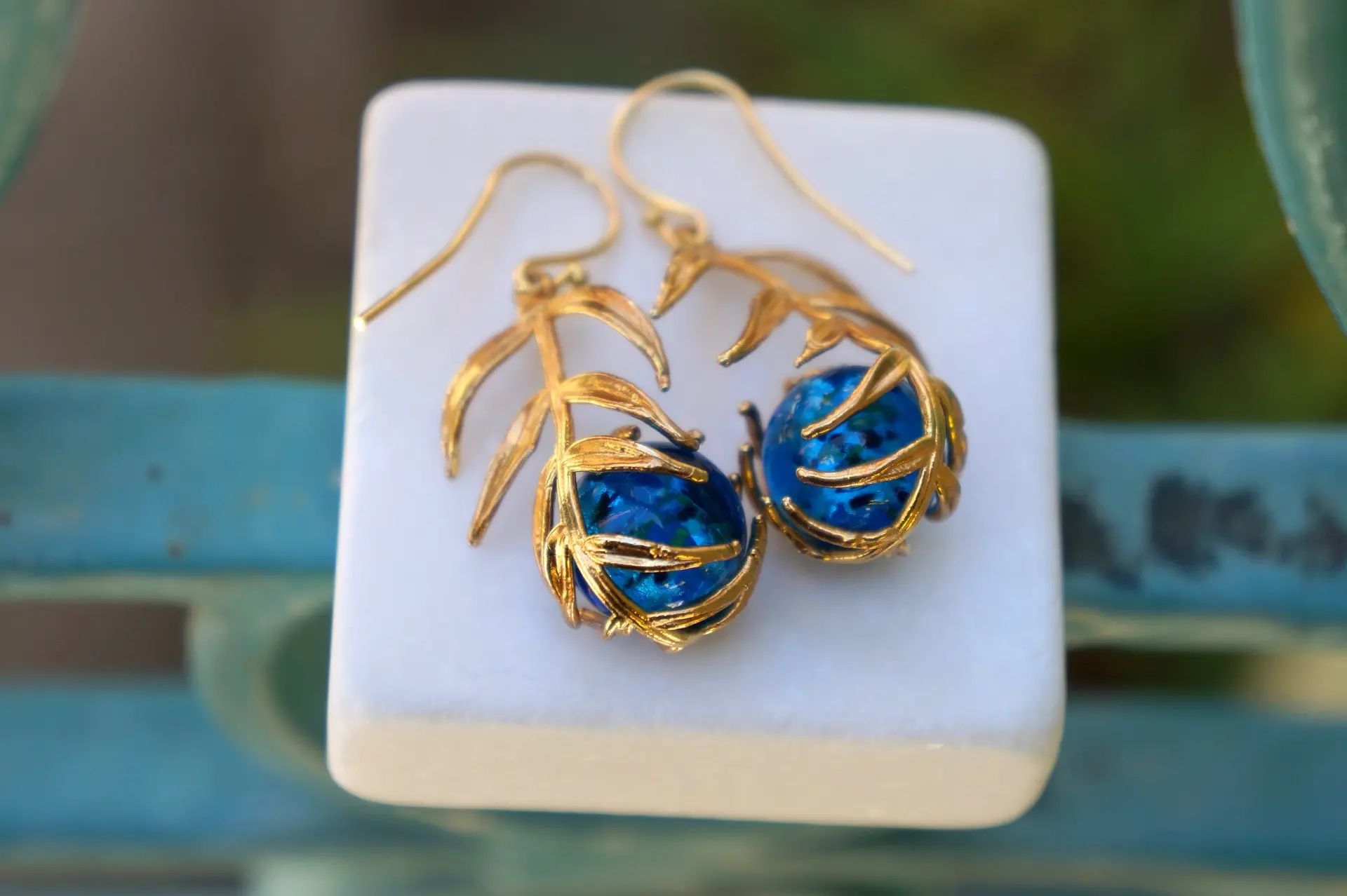 Araucaria Leaf Earrings, Gold-Plated Sterling Silver with Blue Murano Glass, Gift for Her, Birthday Gift for Women, Handmade Jewelry - Image 5