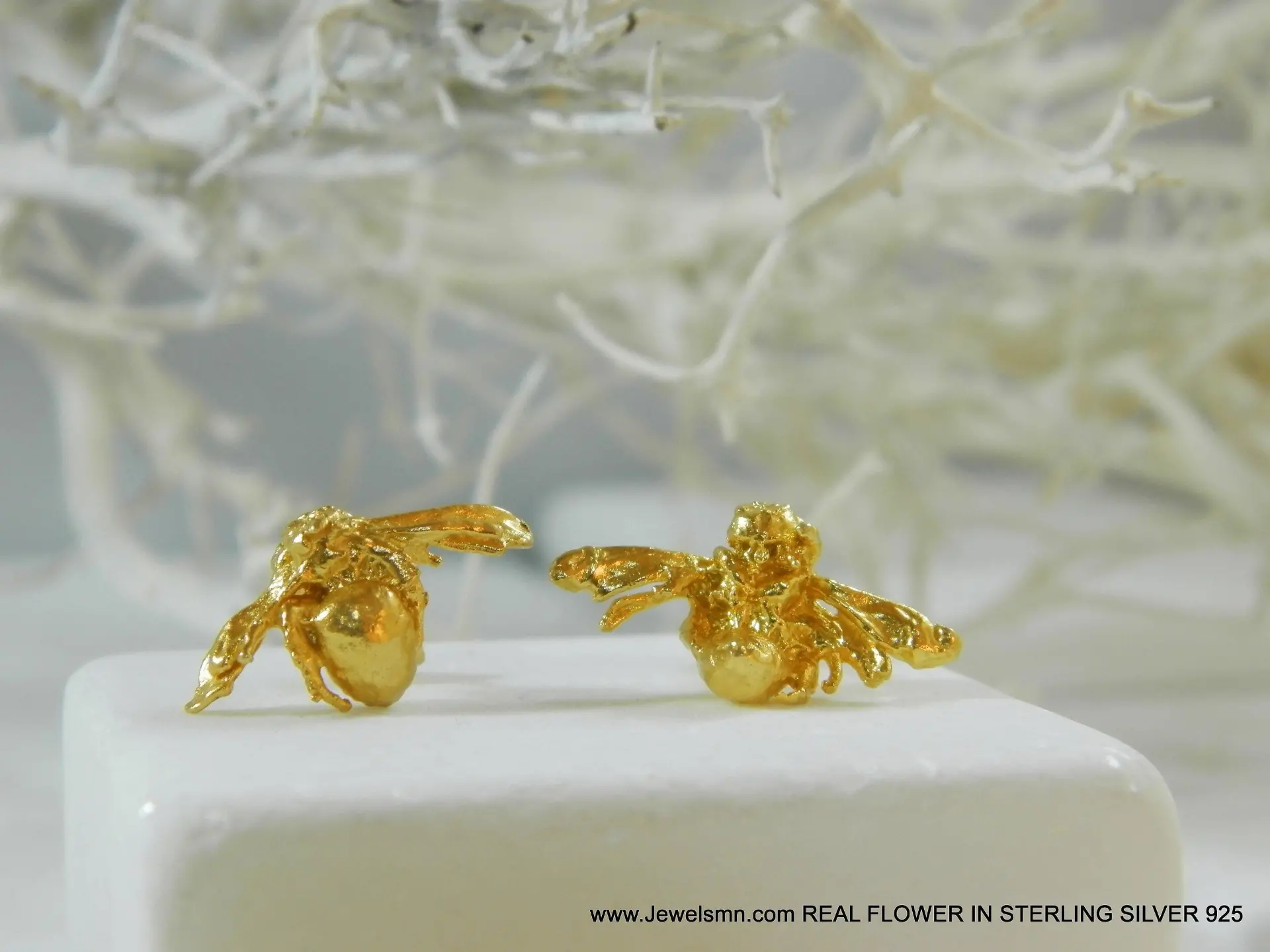 Gold Bee Earrings: Handmade Recycled Brass with 14k Plating - Image 2