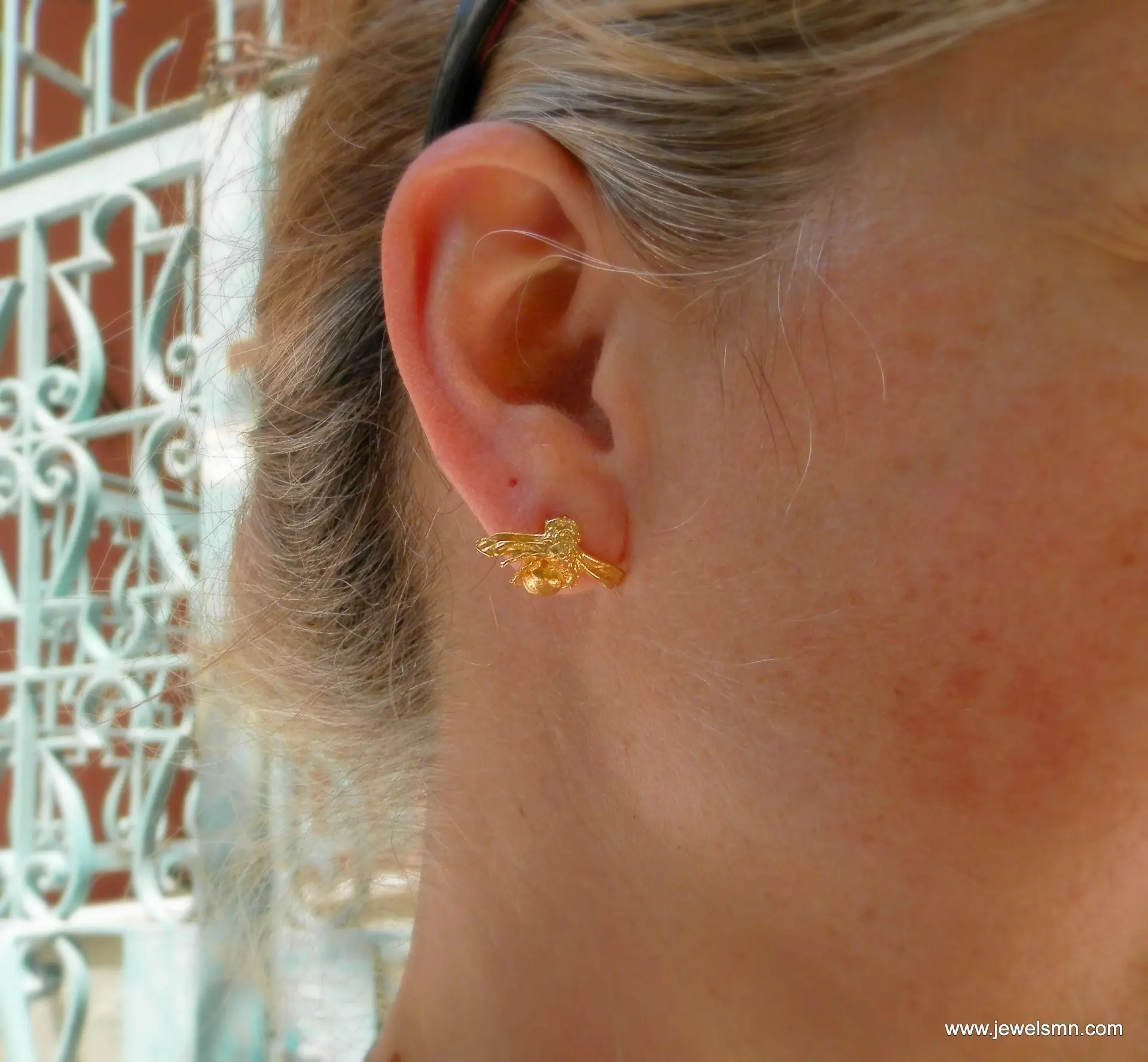 Gold Bee Earrings: Handmade Recycled Brass with 14k Plating - Image 4