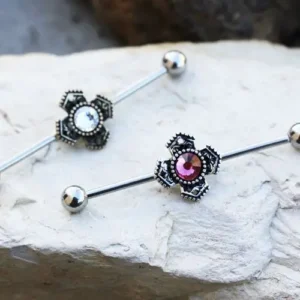 316L Stainless Steel Jeweled Medieval Cross Industrial Barbell