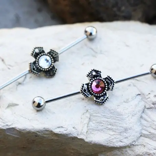 316L Stainless Steel Jeweled Medieval Cross Industrial Barbell