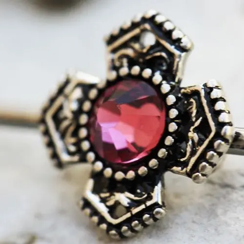 316L Stainless Steel Jeweled Medieval Cross Industrial Barbell - Image 2