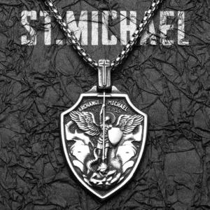 Archangel St.Michael Shield Amulet Stainless Steel Men's Necklace Pendant Chain