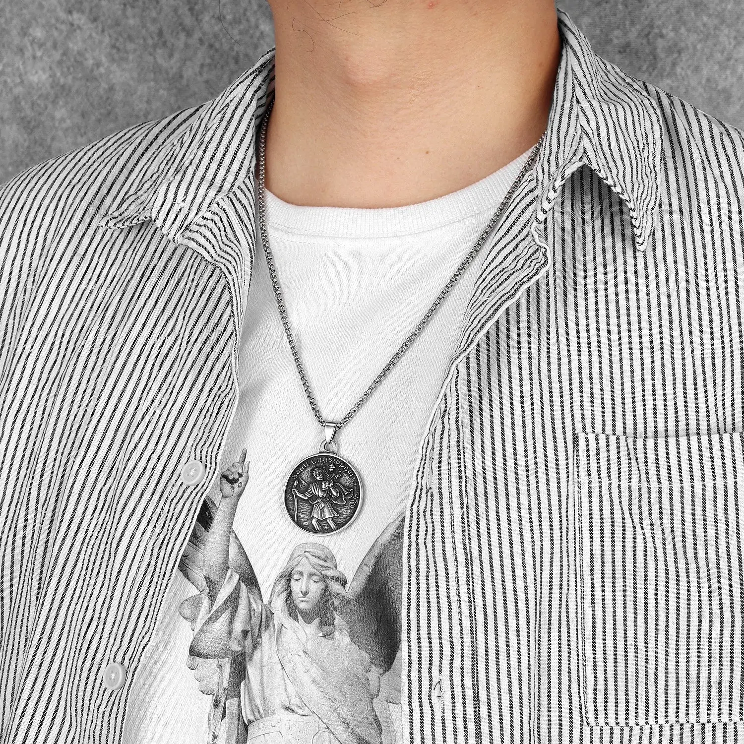 St.Christopher Exorcist Amulet Stainless Steel Men's Necklace Pendant Chain - Image 5