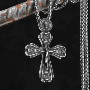 Retro Jesus Cross Amulet Stainless Steel Men's Pendant Necklace