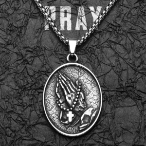 Cross Prayer Praying Hands Stainless Steel Men's Necklace Pendant Chain