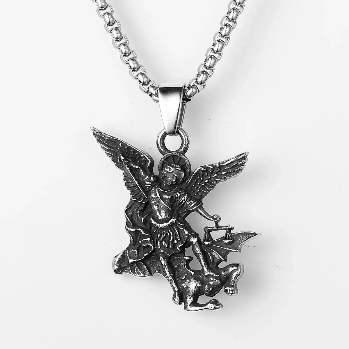 Archangel St. Michael Defeating Satan Stainless Steel Pendant Men's Necklace - Image 14