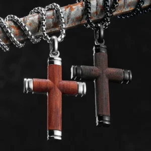 Wood Cross Exorcism Amulet Stainless Steel Men's Necklace Pendant Chain