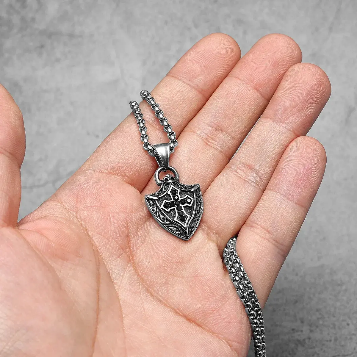 Cross Shield Amulets Gemstone Stainless Steel Men's Necklace Pendant Chain - Image 2