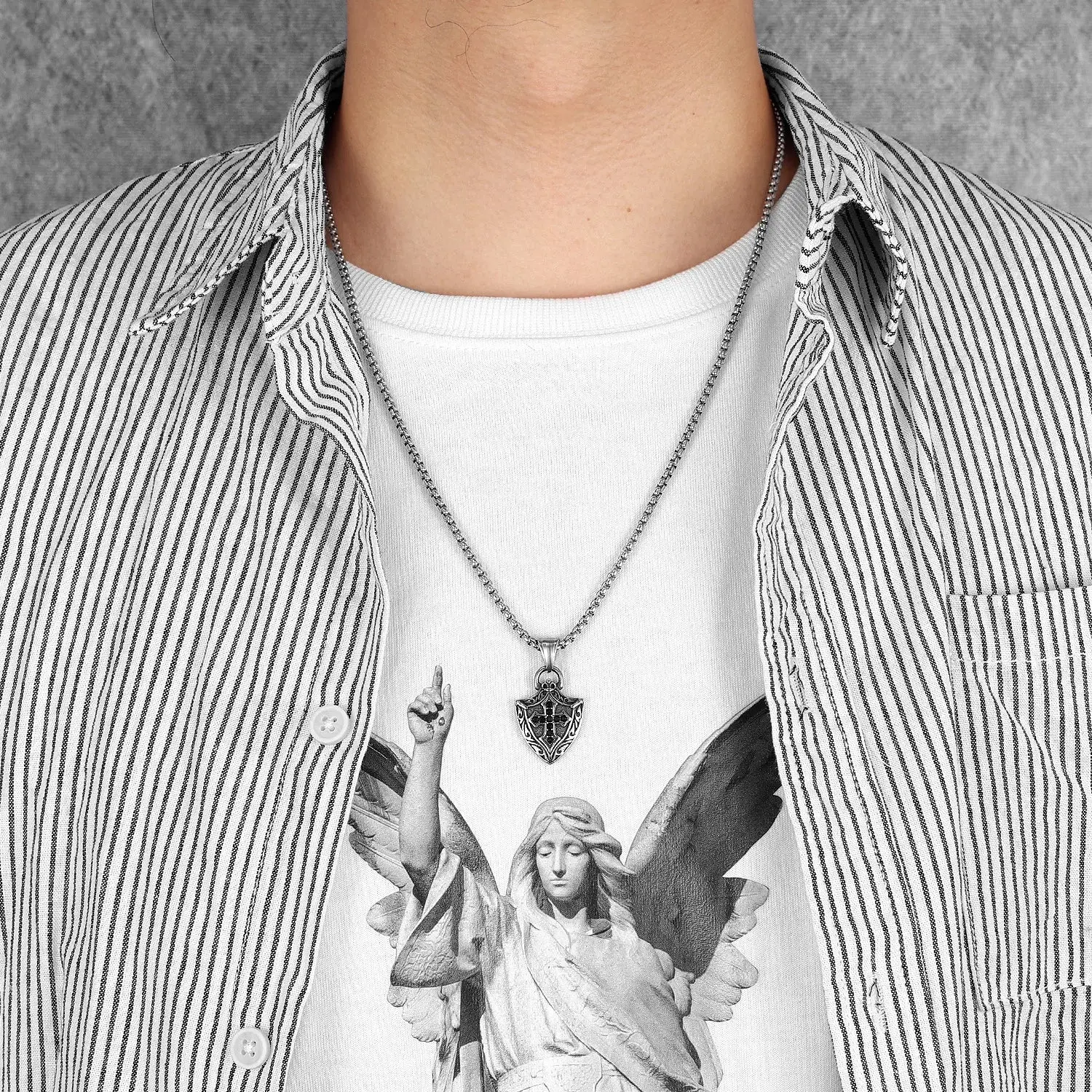 Cross Shield Amulets Gemstone Stainless Steel Men's Necklace Pendant Chain - Image 4