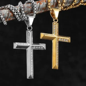 Simple Gemstone Cross Stainless Steel Men's Necklace Pendant Chain