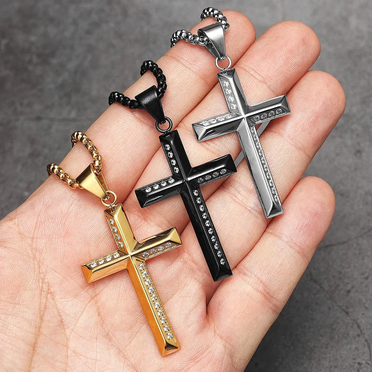 Simple Gemstone Cross Stainless Steel Men's Necklace Pendant Chain - Image 2