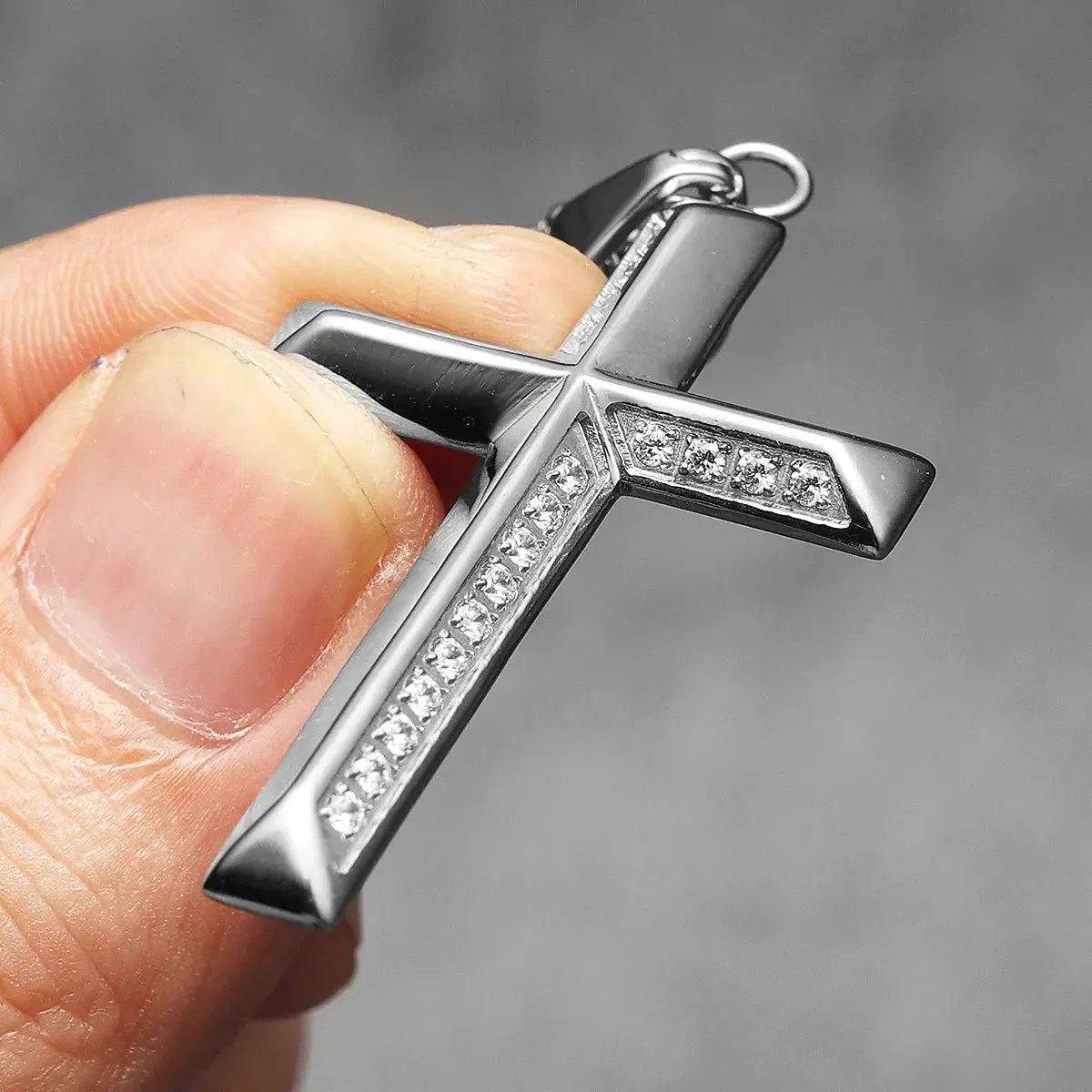 Simple Gemstone Cross Stainless Steel Men's Necklace Pendant Chain - Image 4